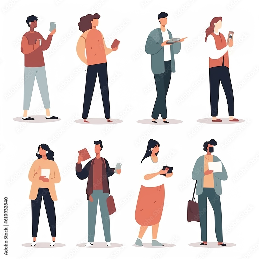 Obraz premium People holding, using mobile phones set. Characters with smartphones in hands. Men, women use cellphones, surfing internet, chatting. Flat graphic vector illustrations
