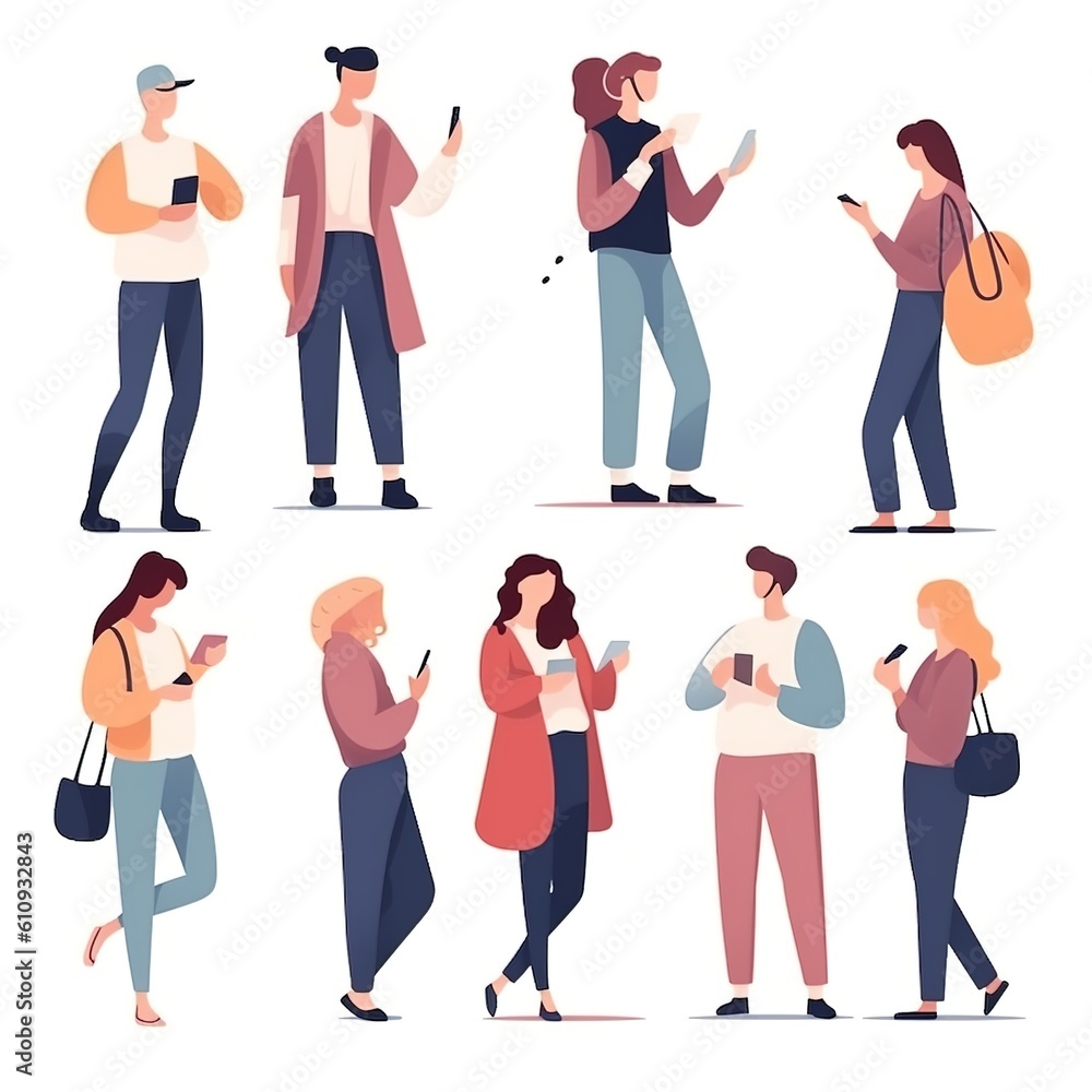 Obraz premium People holding, using mobile phones set. Characters with smartphones in hands. Men, women use cellphones, surfing internet, chatting. Flat graphic vector illustrations