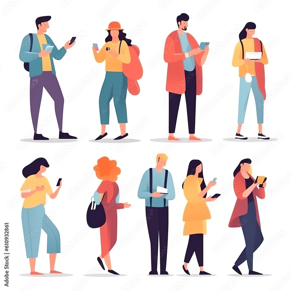Obraz premium People holding, using mobile phones set. Characters with smartphones in hands. Men, women use cellphones, surfing internet, chatting. Flat graphic vector illustrations