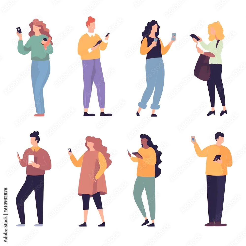 People holding, using mobile phones set. Characters with smartphones in hands. Men, women use cellphones, surfing internet, chatting. Flat graphic vector illustrations People holding, using mobile phones set. Characters with smartphones in hands. Men, women use cellphones, surfing internet, chatting. Flat graphic vector illustrations