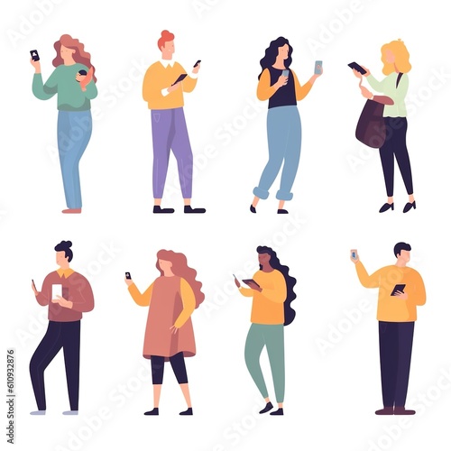 People holding, using mobile phones set. Characters with smartphones in hands. Men, women use cellphones, surfing internet, chatting. Flat graphic vector illustrations