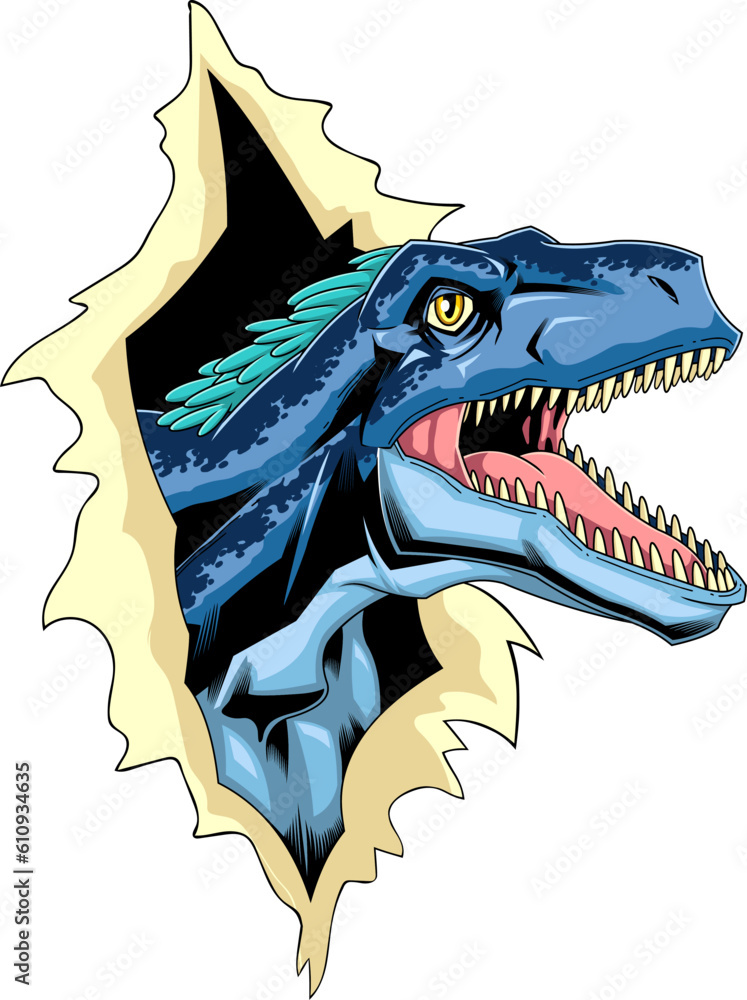 Fototapeta premium Utahraptor Dinosaur Breaks The Paper Graphic Design. Vector Hand Drawn Illustration Isolated On Transparent Background