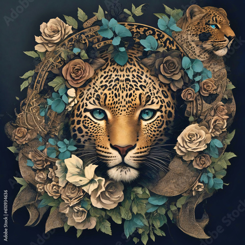 Portrait of a leopard with flowers, created with Generative AI.