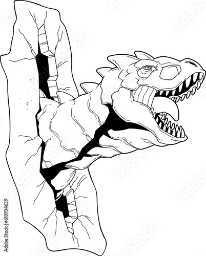 Outlined Carnotaurus Dinosaur Breaks The Wall Graphic Design. Vector Hand Drawn Illustration Isolated On Transparent Background