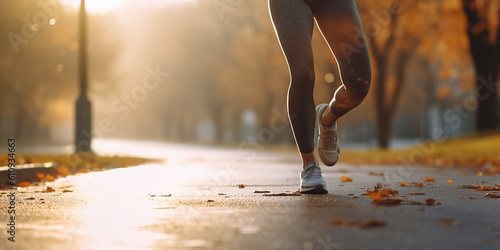 Young attractive athletic woman on early morning run. Female fitness banner. Generative AI illustration