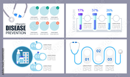 Professional medical service and care infographic chart design template set. Abstract infochart kit with copy space. Instructional graphics with connected steps, options. Visual data presentation