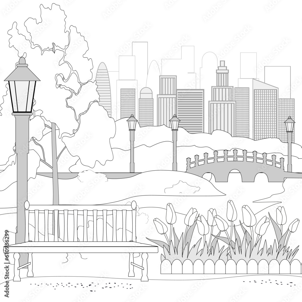 Coloring book page with city park landscape, vector illustration.