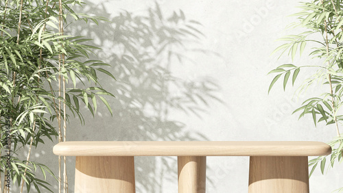Minimal wooden pedestal side table podium, green bamboo foliage in sunlight, leaf shadow on white natural stone wall for luxury organic cosmetic, skincare, body care, beauty product background 3D © Sue Tansirimas