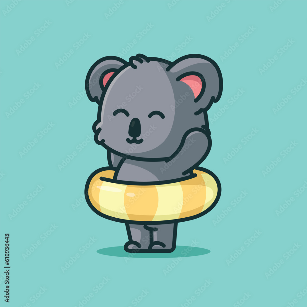 Cute koala with swimming tires cartoon illustration isolated nature
