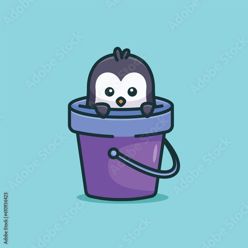 Cute penguin in the bucket simple cartoon illustration © Satisfactoons