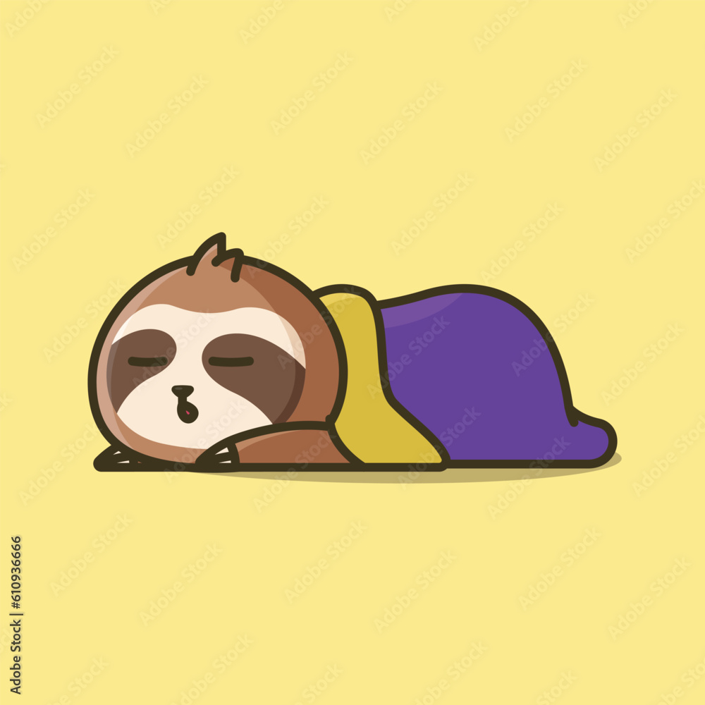 Fototapeta premium Cute sleeping sloth under blanked simple vector cartoon illustration