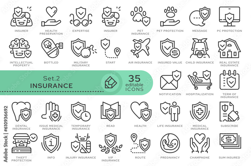 Set of conceptual icons. Vector icons in flat linear style for web sites, applications and other graphic resources. Set from the series - Insurance. Editable outline icon.	
