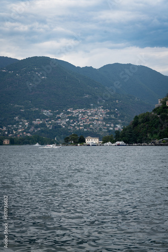 Como lake in Italy with clouded sky. Tourist place
