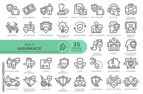 Set of conceptual icons. Vector icons in flat linear style for web sites, applications and other graphic resources. Set from the series - Insurance. Editable outline icon. 