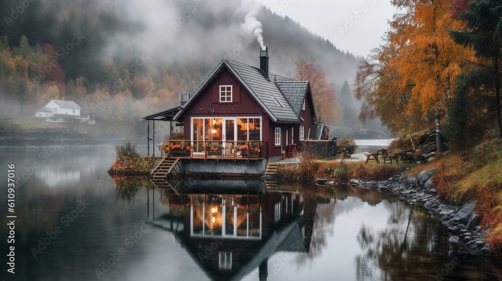 Fototapeta premium Stunning views of the picturesque-standing Scandinavian-style house. An early morning in a village. Generative ai