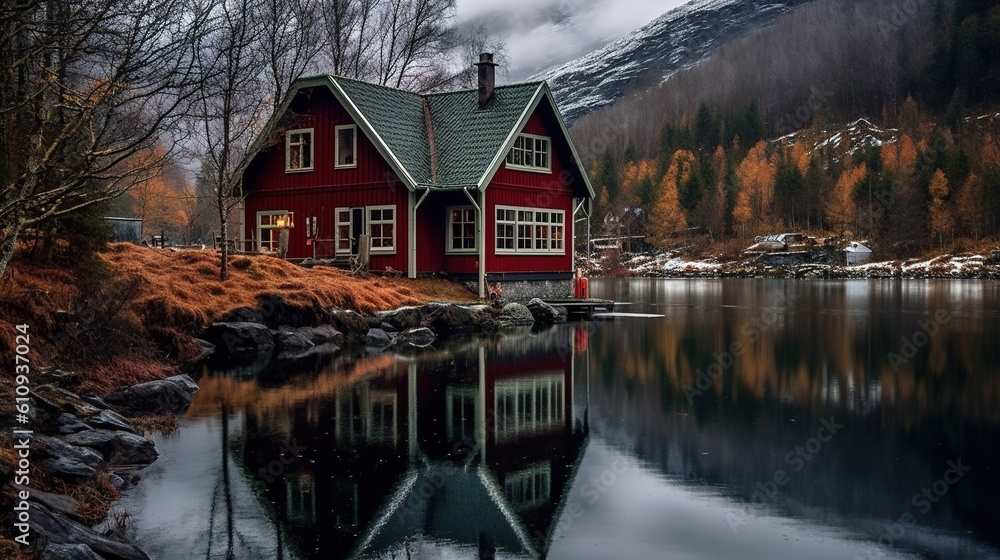 Fototapeta premium Stunning views of the picturesque-standing Scandinavian-style house. An early morning in a Norwegian village. Fjord wrapped in dawn clouds. Norway. Scandinavia. Generative ai.