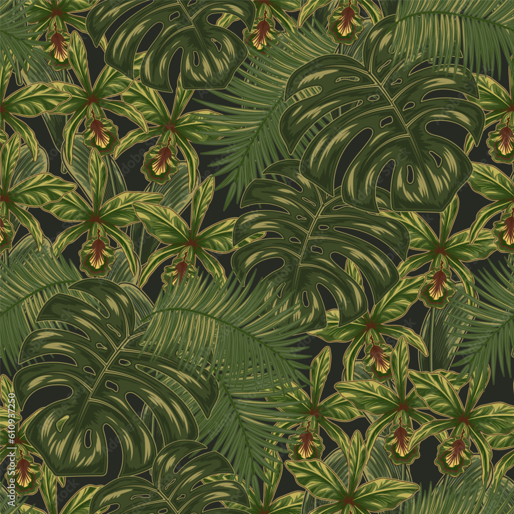 Seamless green camouflage pattern with tropical foliage, leaves, orchyd flower. Vintage style. Good for apparel, fabric, textile, sport goods.