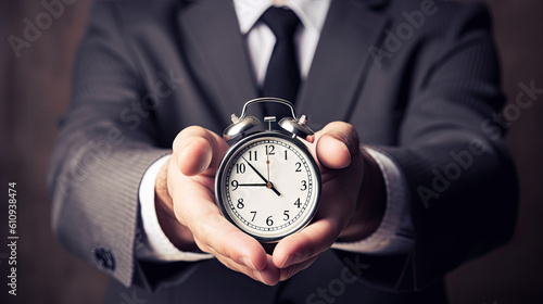 Businessman holding alarm clock in his hands. Time management concept. Generative AI.
