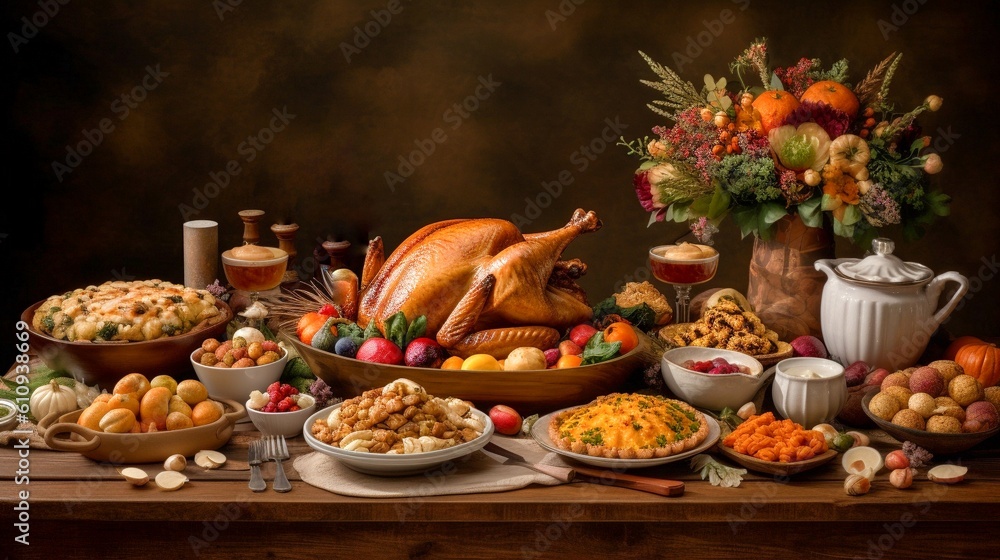 Thanksgiving dinner table with turkey, potatoes, vegetables, olives and other traditional dishes. Generative AI.