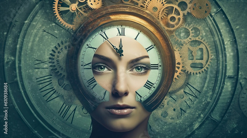 Portrait of young woman with clock face. Time surreal concept. Generative AI.