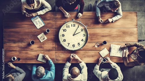 Business People Meeting Planning Working Concept. Top View Around Table with Clock. Generative AI.