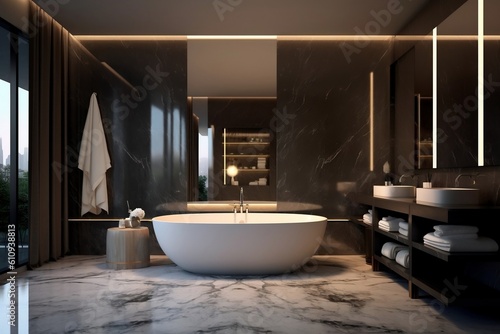 Sleek Grey Marble Bathroom with LED Light. Generative AI