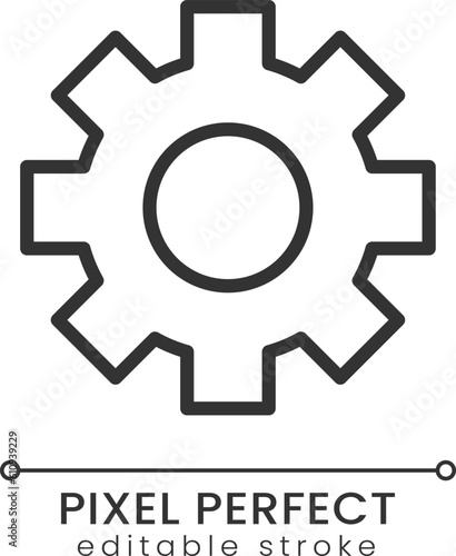 Cogwheel pixel perfect linear icon. Technology and settings. Business development. Equipment. Thin line illustration. Contour symbol. Vector outline drawing. Editable stroke. Poppins font used