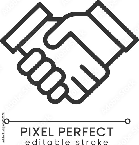 Handshaking pixel perfect linear icon. Business partnership. Corporate collaboration. Thin line illustration. Contour symbol. Vector outline drawing. Editable stroke. Poppins font used
