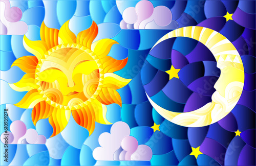 Illustration in stained glass style , abstract sun and moon in the sky