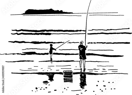 vector sketch of the fisherman and his son catching fish