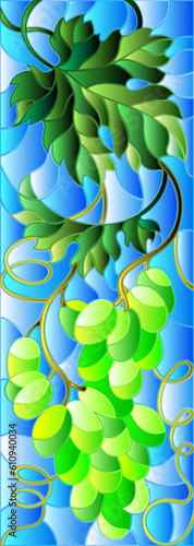 An illustration in the style of a stained glass window with a bunch of ripe grapes on a blue background