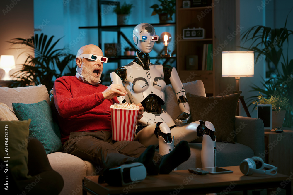 Man and AI robot watching movies together - obrazy, fototapety, plakaty 