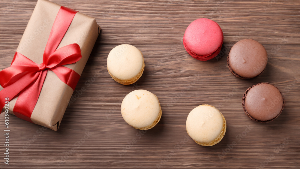 Delicious chocolate macaroons and gift on the wooden table, top view. - generative ai Delicious chocolate macaroons and gift on the wooden table, top view. - generative ai