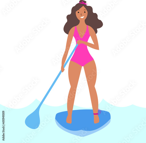 girl on a sup board in the sea, summer surf girl, cartoon girl on a sup