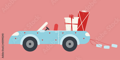 Newlyweds car in flat style. Beautiful holiday automobile.