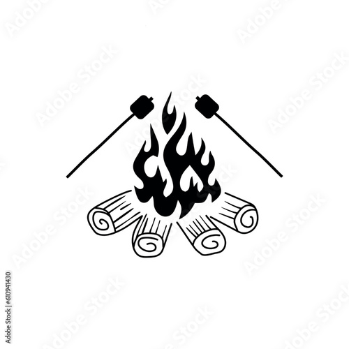 Vector campfire theme, cooking marshmallows on fire