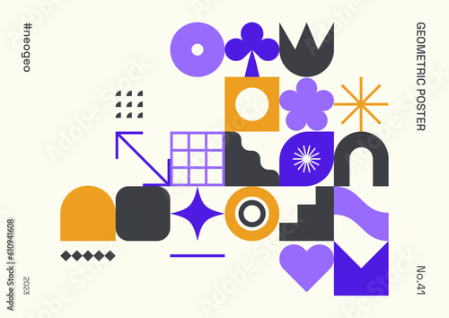 Trendy minimalist, modern, abstract background or horizontal poster with basic and geometric shapes and patterns influenced by Bauhaus, Neo Geo art, Swiss style and Brutalism.