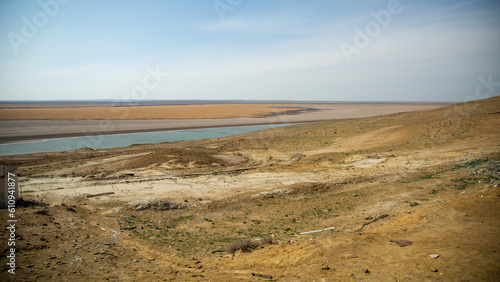 dry land and a lake in desert