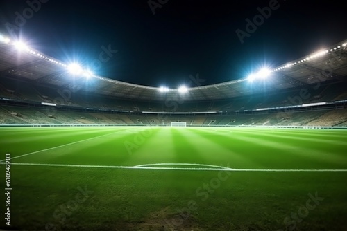 Illuminated Soccer Stadium under the Spotlight. Generative AI © Haider
