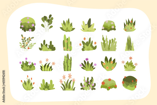 Simple bush set in green color. Flat vector design in minimalistic cartoon style. Collection of wild bushes