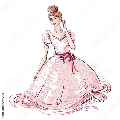 beautiful bride in pink wedding dress with beautiful earrings on white background. Isolated illustration
