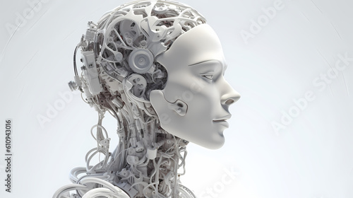 3D render, Visualization of artificial intelligence, AI, KI, Concept Future Robot / Bot Head, pale white, glossy, on white background. Generative AI