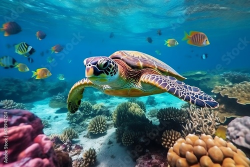Turtle with a Group of Colorful Fish and Coral Reef. Generative AI © Haider