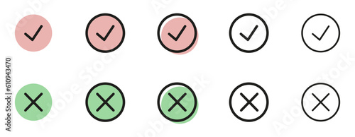 Set of flat check and cross buttons. Round signs and different line thicknesses, green and red. Vector graphics.