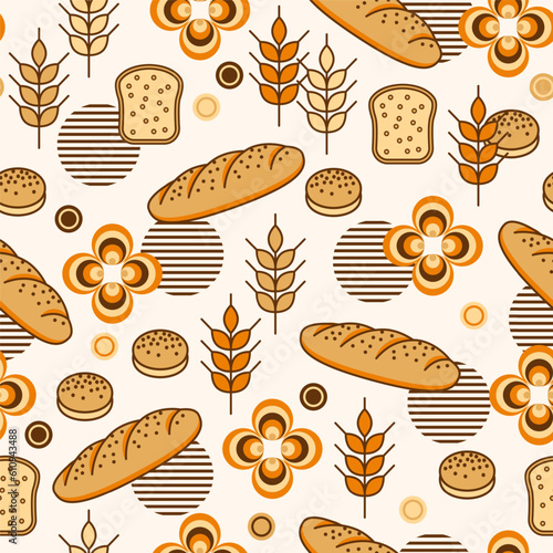 Bread, bakery themed background with icons, design elements in simple style Seamless pattern with abstract shapes Good for branding, decoration of food package, cover design, decorative print