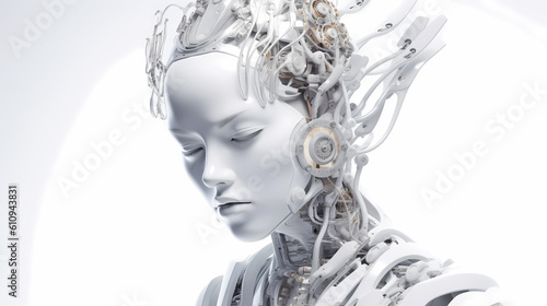 3D render, Visualization of artificial intelligence, AI, KI, Concept Future Robot / Bot Head, pale white, glossy, on white background. Generative AI photo