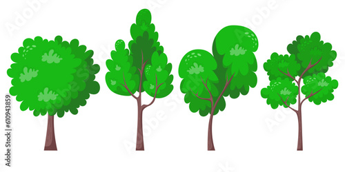 Set of green trees flat vector illustration. Beautiful green leaves isolated on white. Summer time trees. Natural forest plant. Ecology garden template.