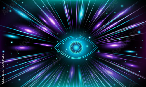 All-seeing eye. Green glowing lines and particles of strong energy emanating.