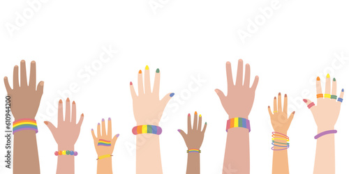 Set of raising hands of people with multiple race and gender with pride rainbow symbol accessories, painting and nail polish flat vector illustration
