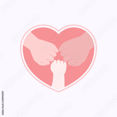 Top view of small fist of baby and two big fists of parents fist bumping in pink heart shaped frame flat vector illustration 